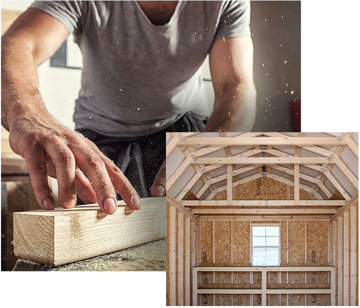 Construction worker and interior of lofted storage barn
